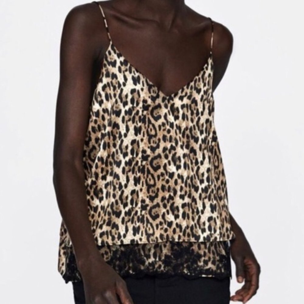 ZARA Basic Leopard Print Lace Overlay Peek-a-Boo Hem Camisole NWOT Small